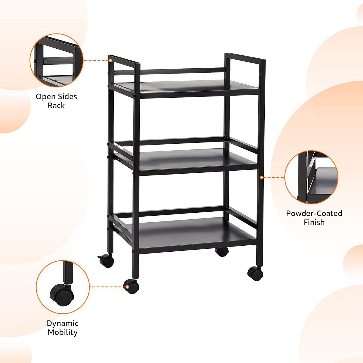 3-Tier Black Metal Rolling Utility Cart Y64637