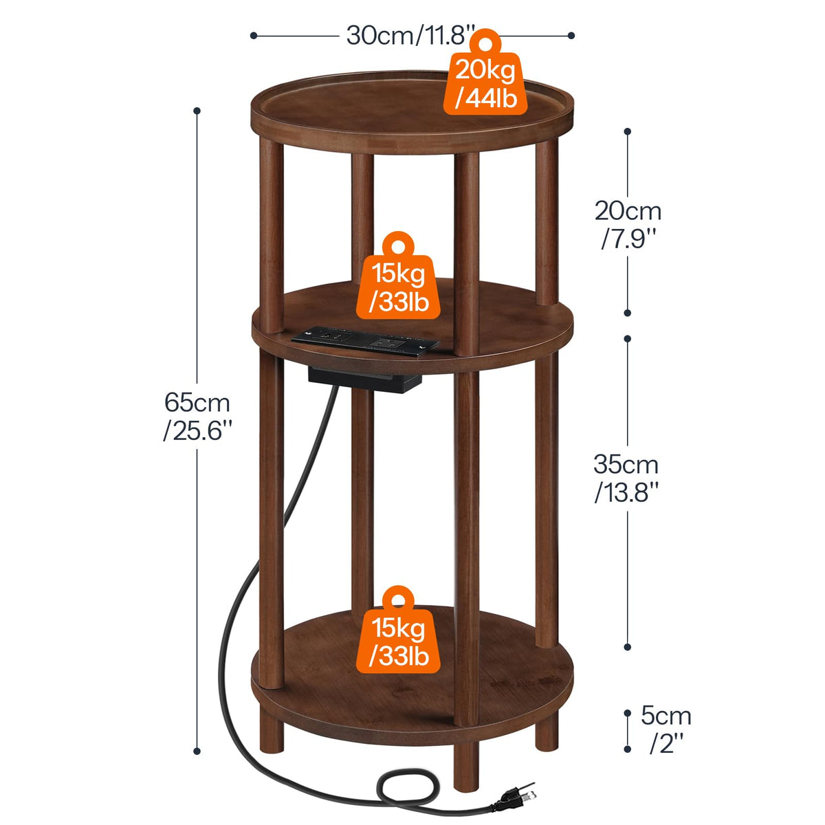 Set of 2 Round Bamboo Side Tables with Charging Station F50313