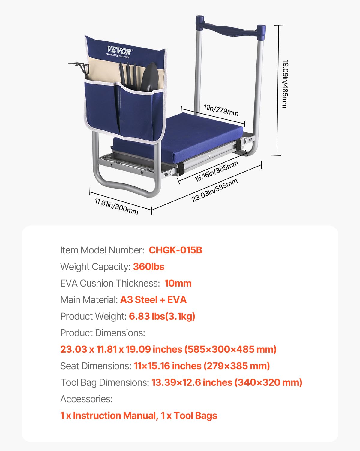 Folding Garden Kneeler and Seat with Tool Bags L19016
