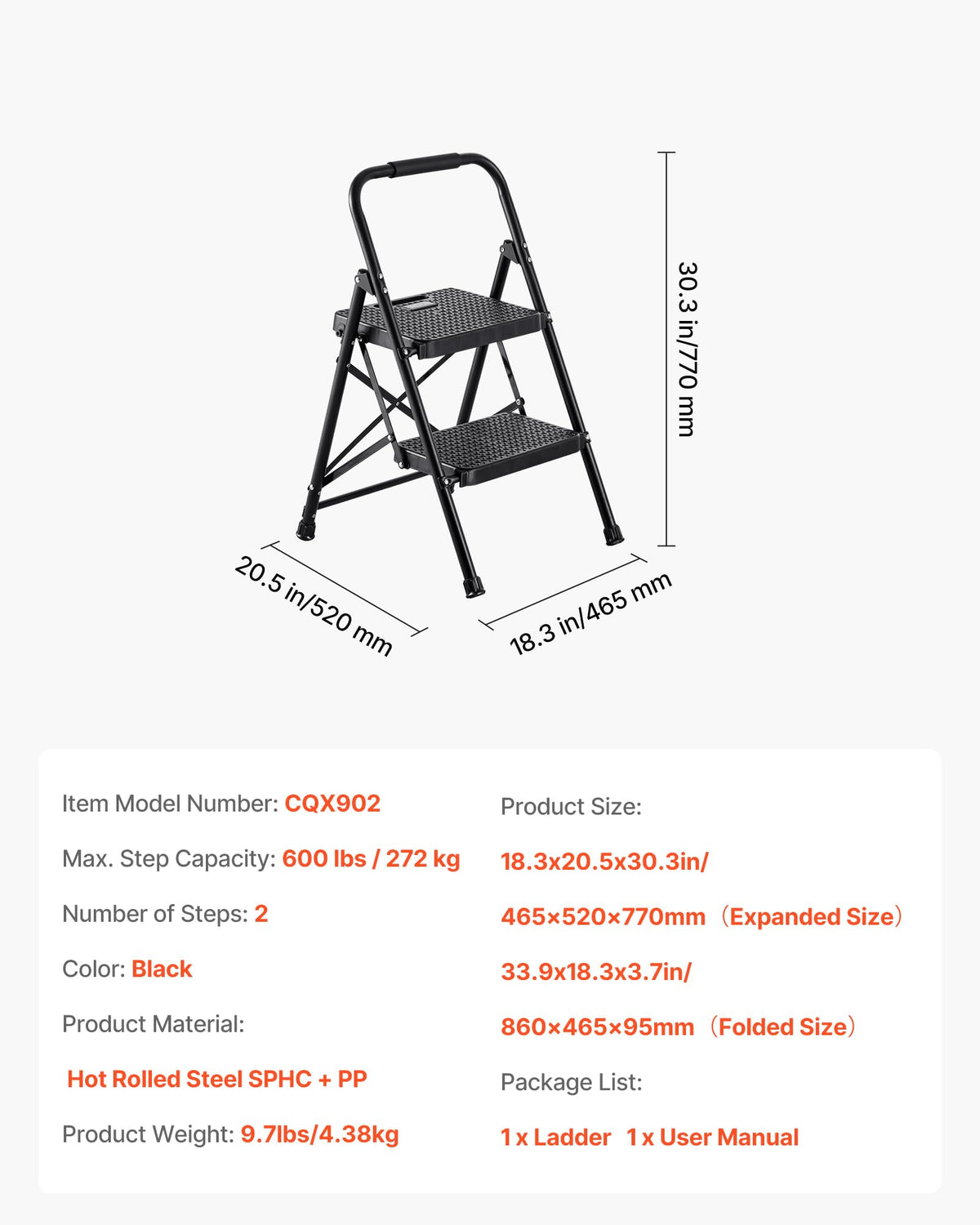2 Step Folding Steel Ladder 600 lbs Capacity Black E8813