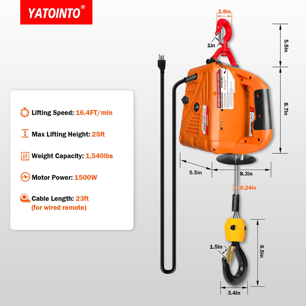 3-in-1 Electric Hoist Winch 1540 lbs 120V with Remote X6619