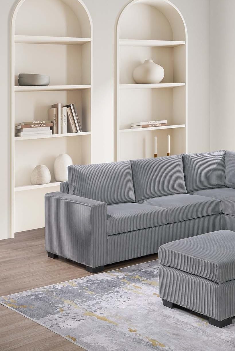 Light Gray Corduroy Upholstered Sectional Sofa Set H4395