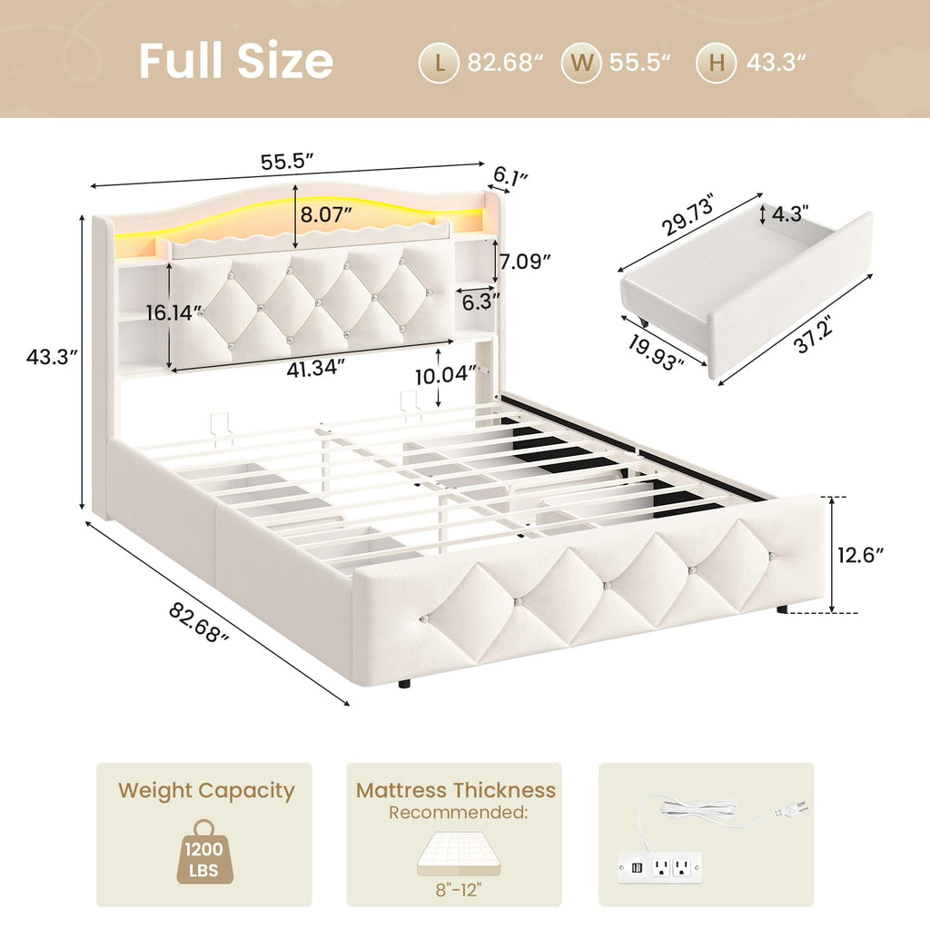 Full Size Velvet Upholstered Platform Bed with 4 Storage Drawers D275396