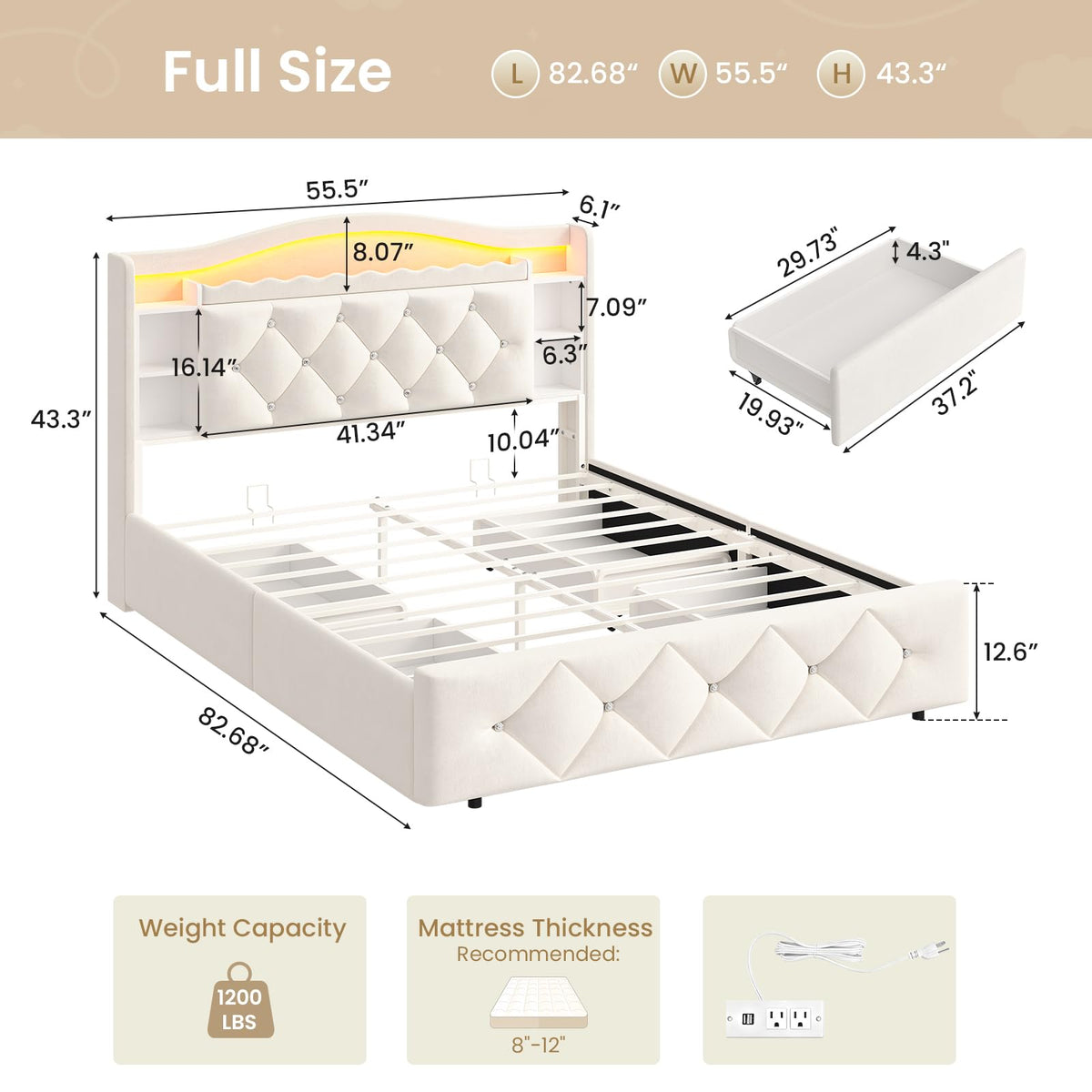 Full Size Velvet Upholstered Platform Bed with 4 Storage Drawers D275396