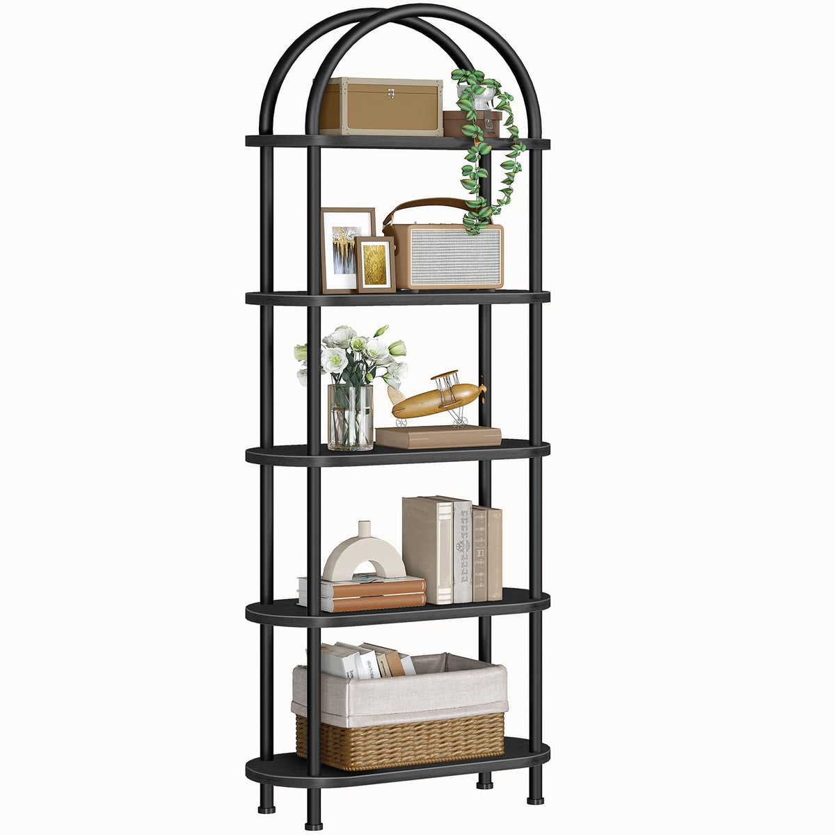 5 Tier Arched Wooden Bookshelf Metal Frame V223376