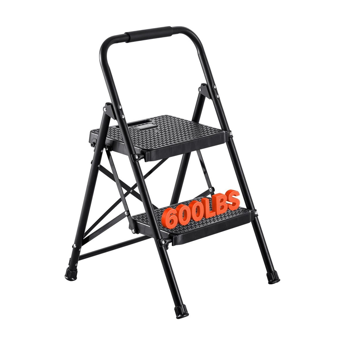 2 Step Folding Steel Ladder 600 lbs Capacity Black E8813