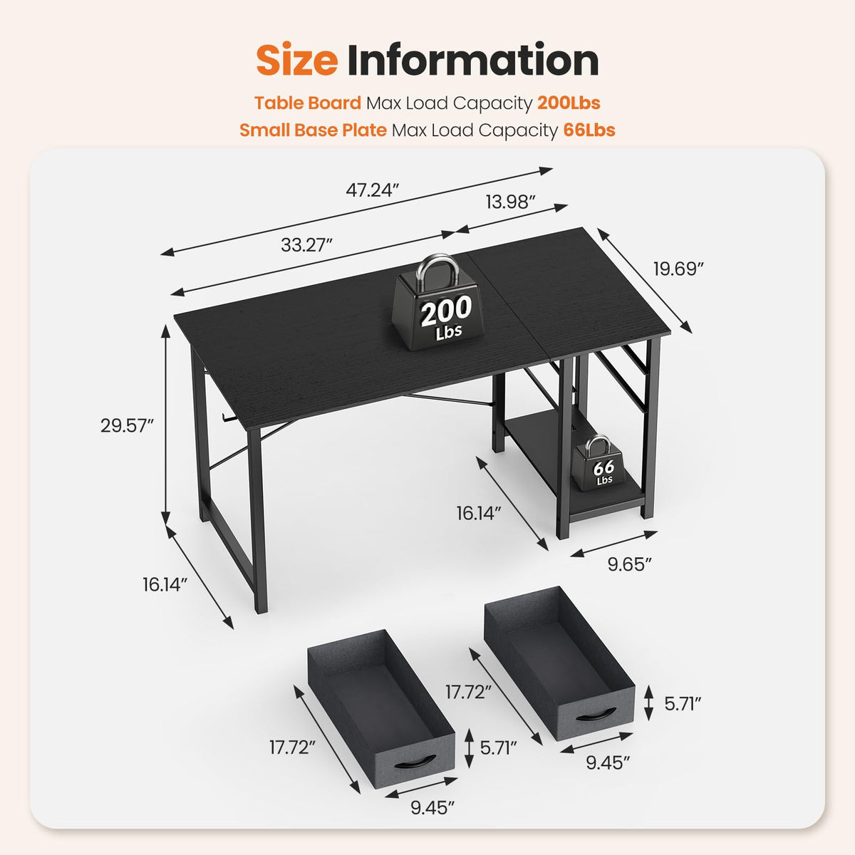 47 Inch Computer Desk with Drawers Black N364