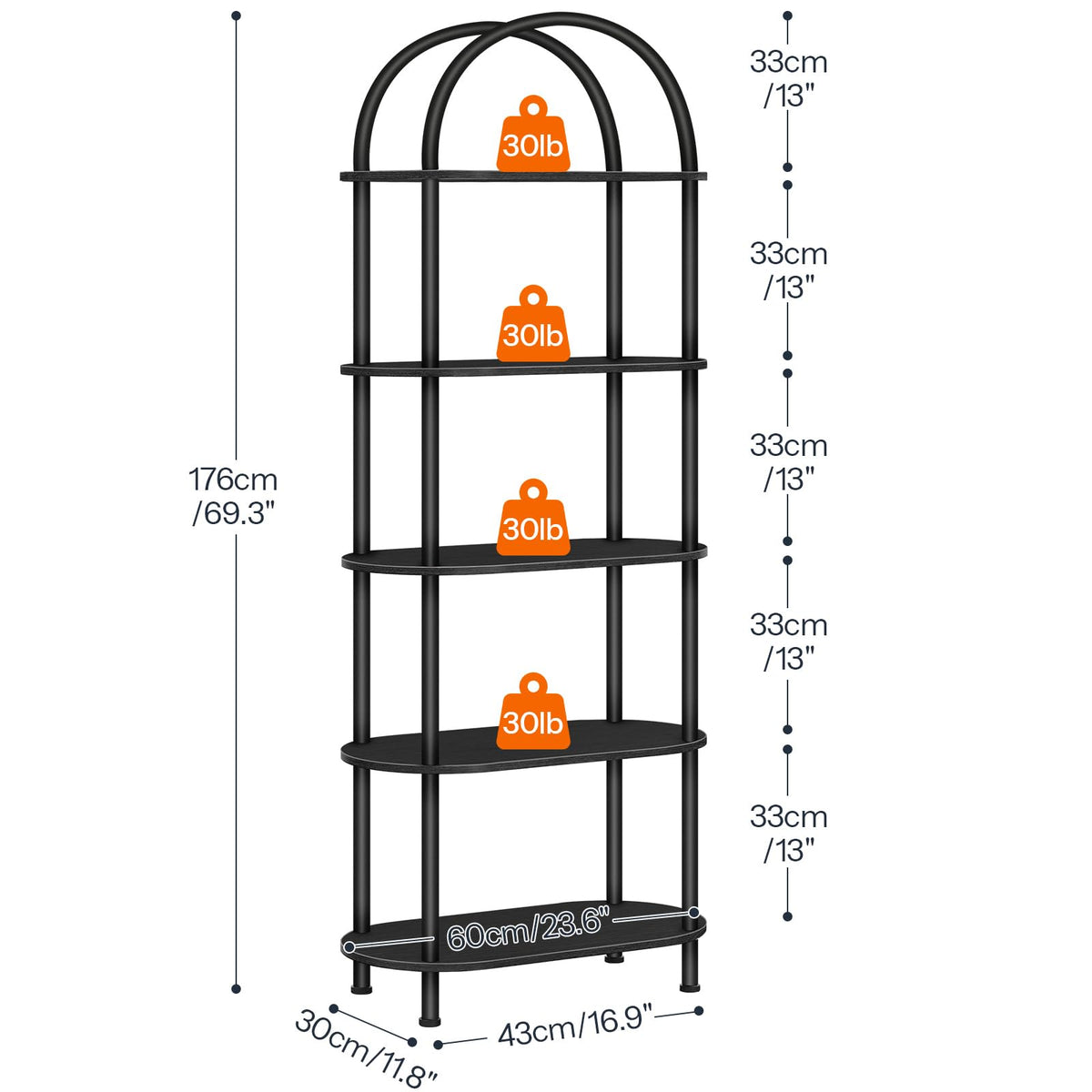 5 Tier Arched Wooden Bookshelf Metal Frame V223376