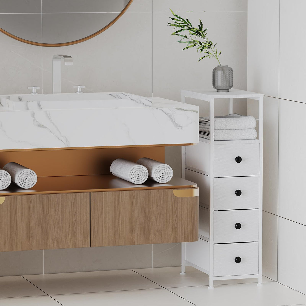 White Narrow Dresser with 4 Fabric Drawers F440870