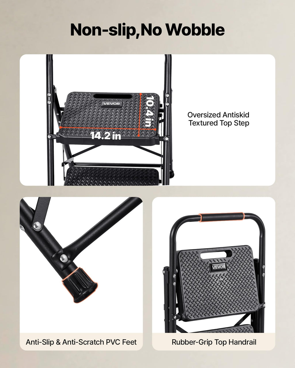 2 Step Folding Steel Ladder 600 lbs Capacity Black E8813