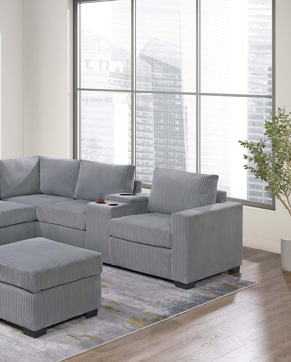 Light Gray Corduroy Upholstered Sectional Sofa Set H4395