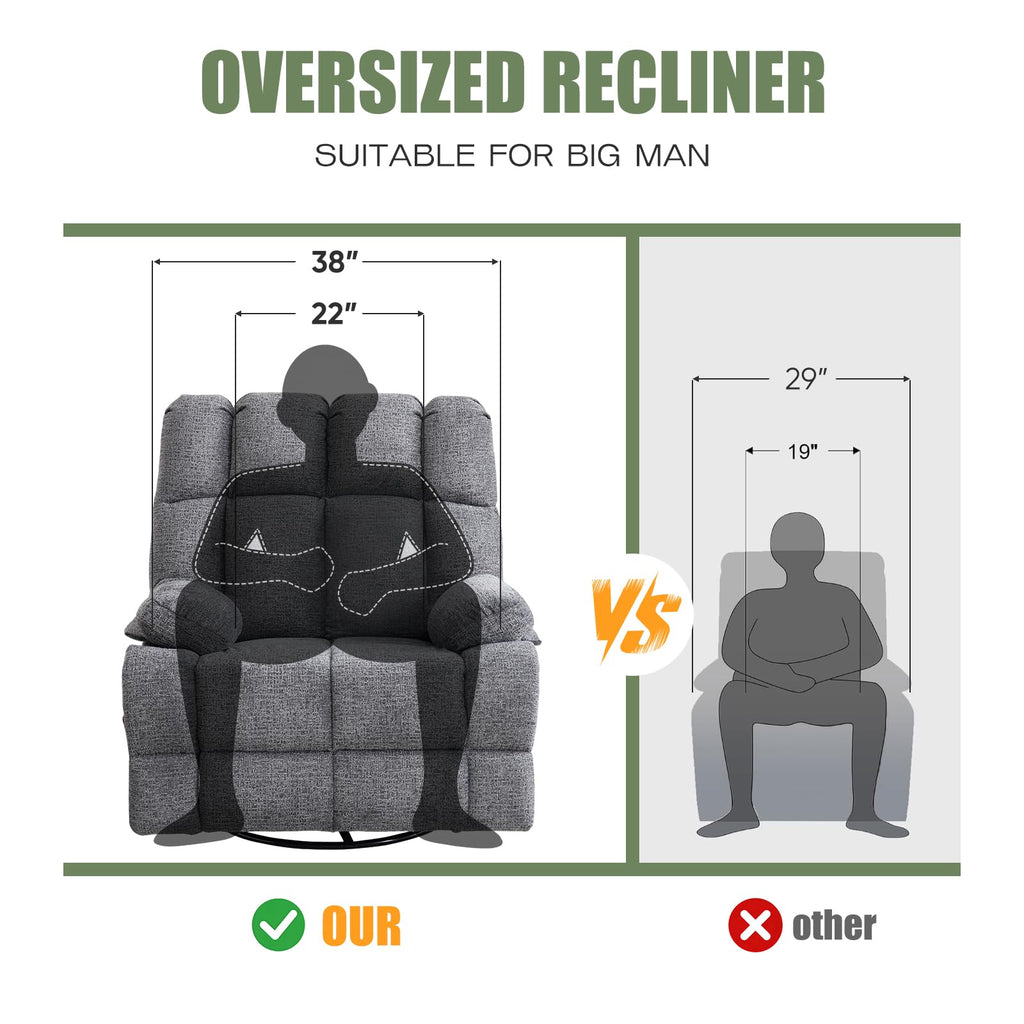 Oversized Chenille Grey Swivel Rocker Recliner O872