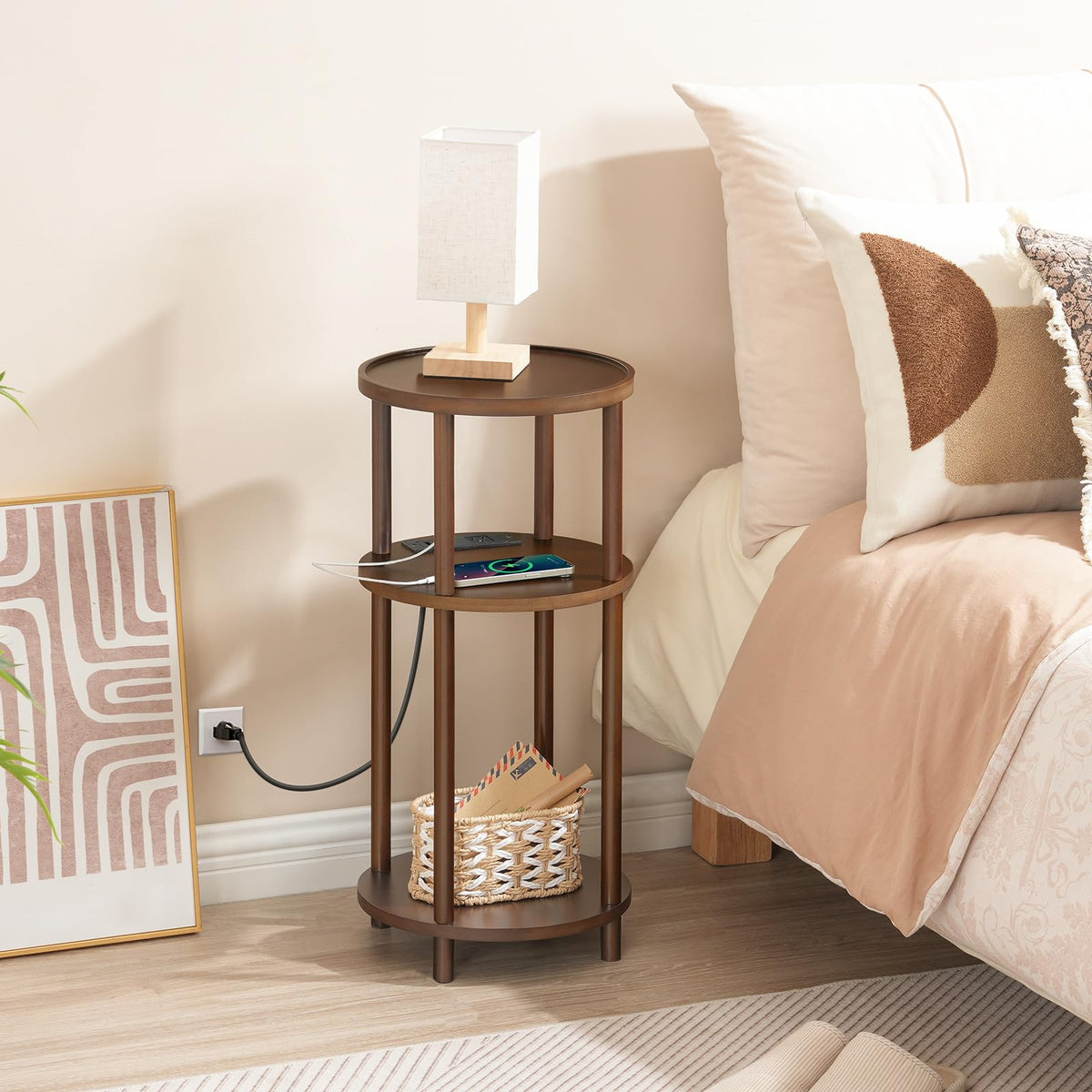Set of 2 Round Bamboo Side Tables with Charging Station F50313