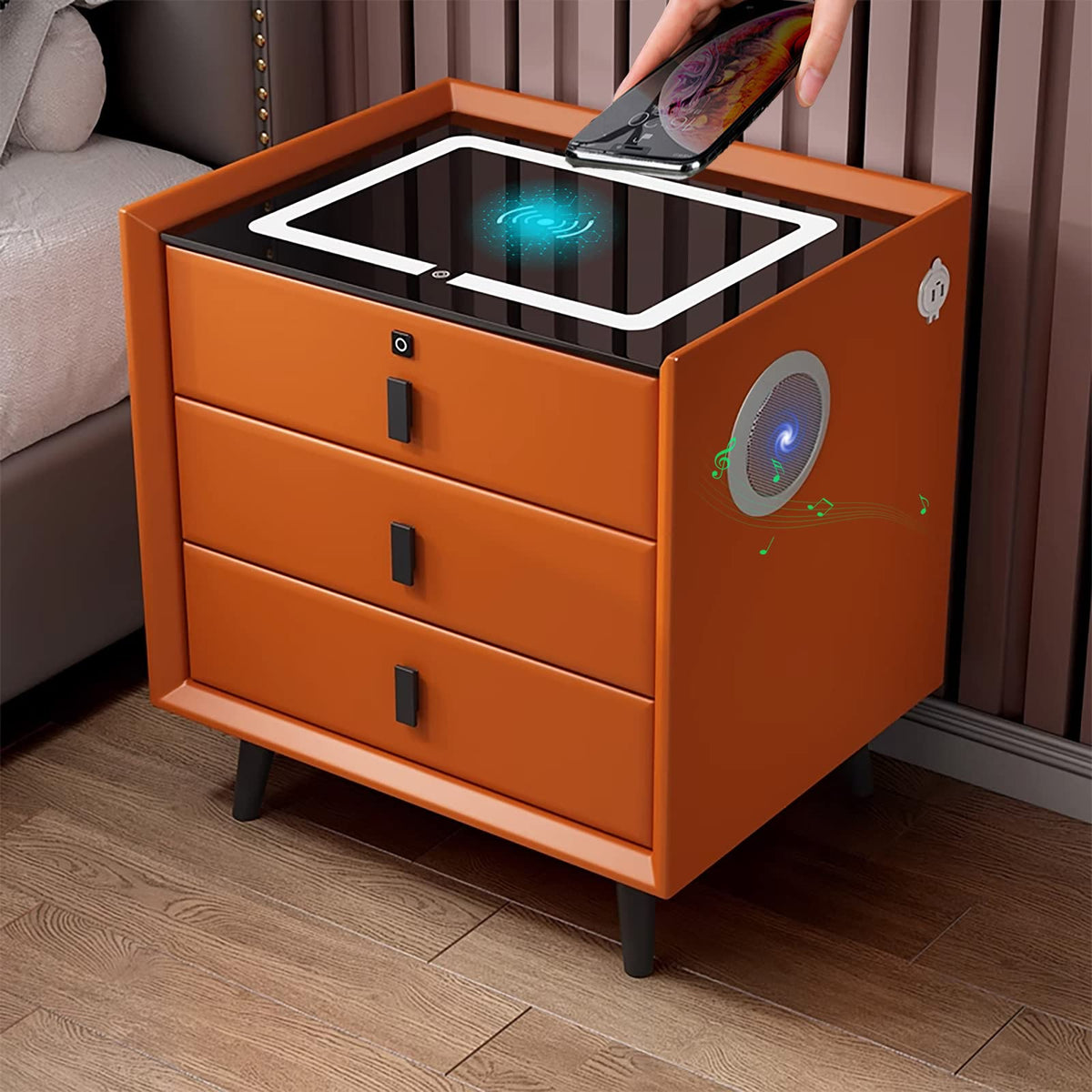 Orange 3 Drawer Wooden Nightstand with Wireless Charging Y8722