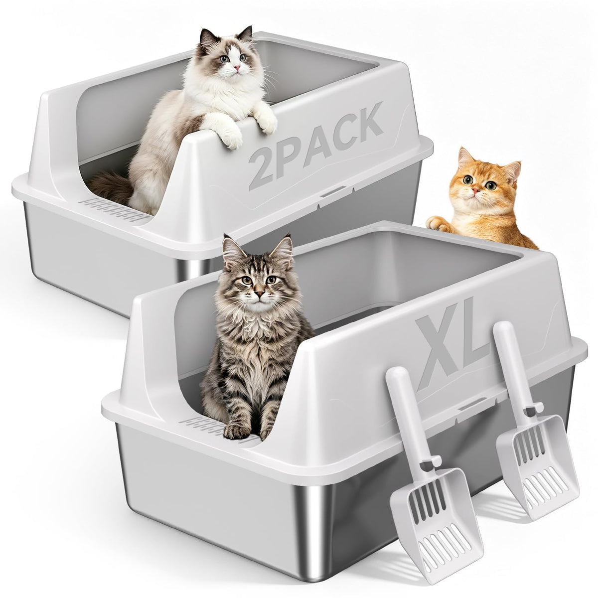 2 Pack XL Stainless Steel Litter Box with High Sides M2218