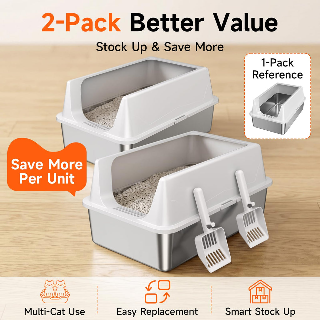 2 Pack XL Stainless Steel Litter Box with High Sides M2218