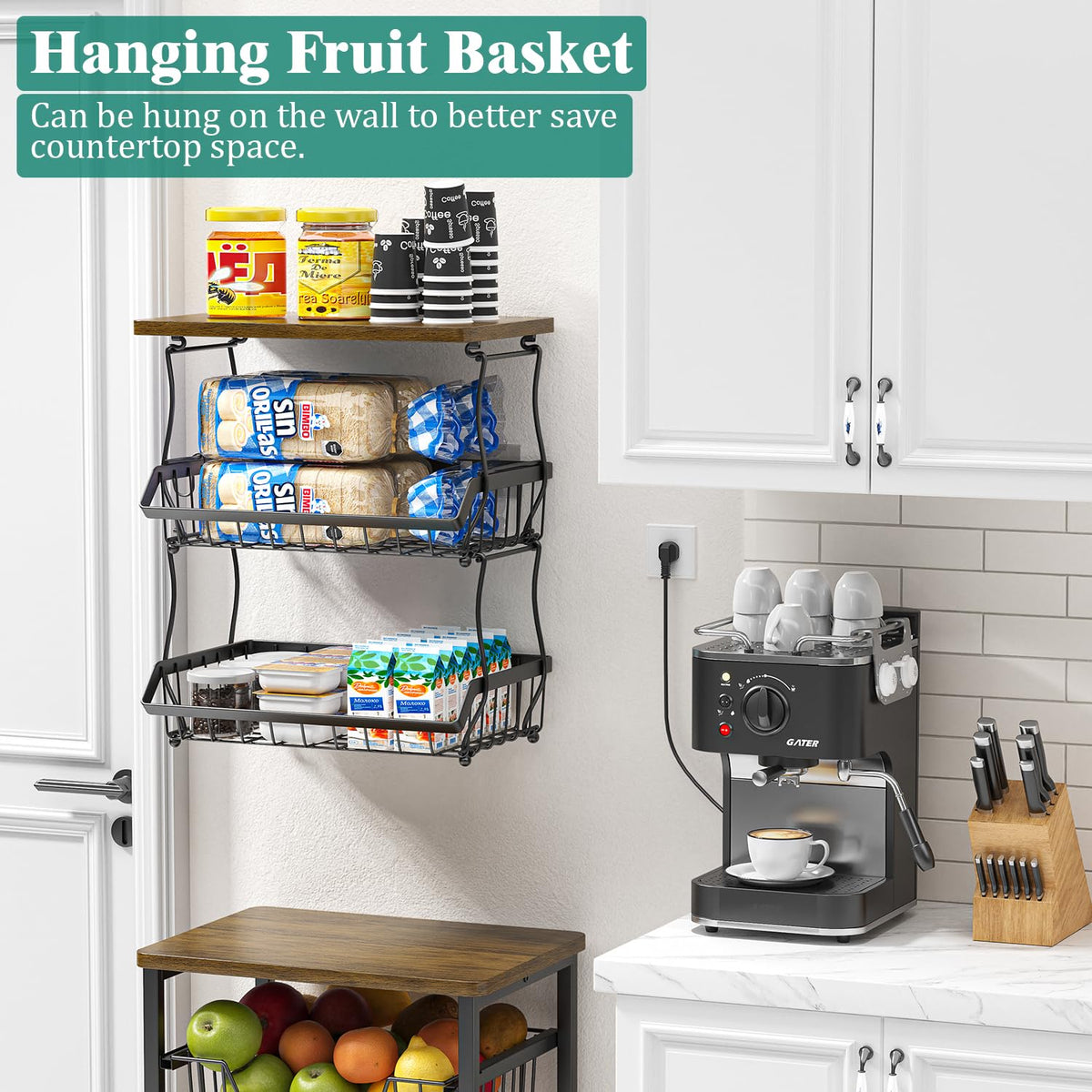 3 Tier Countertop Fruit Basket Bread Bowl with 2 Banana Hangers W489353
