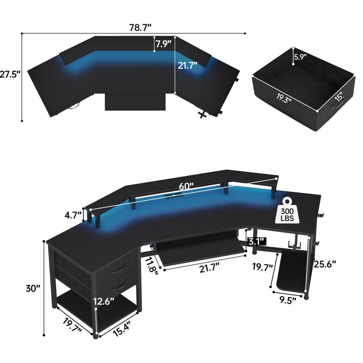 79" Gaming Desk with Fabric Drawers Storage F663