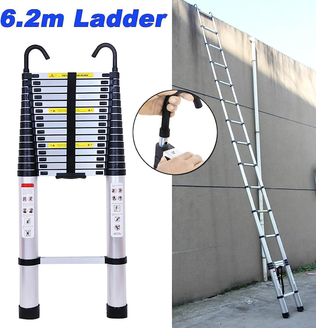 20FT Aluminum Telescoping Ladder with 2 Detachable Hooks, 330 lb Capacity E119055