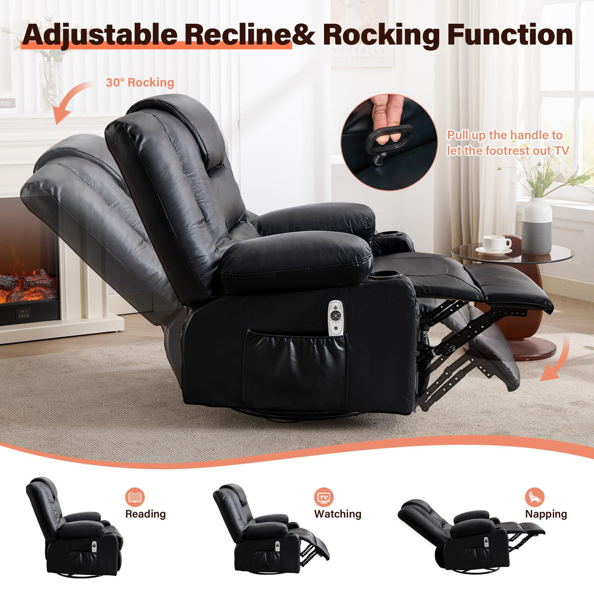 Massage Swivel Recliner Chair with Heat and Cup Holders E16444