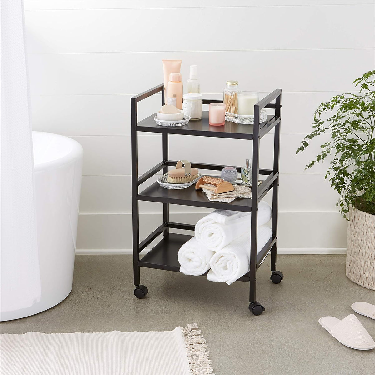 3-Tier Black Metal Rolling Utility Cart Y64637