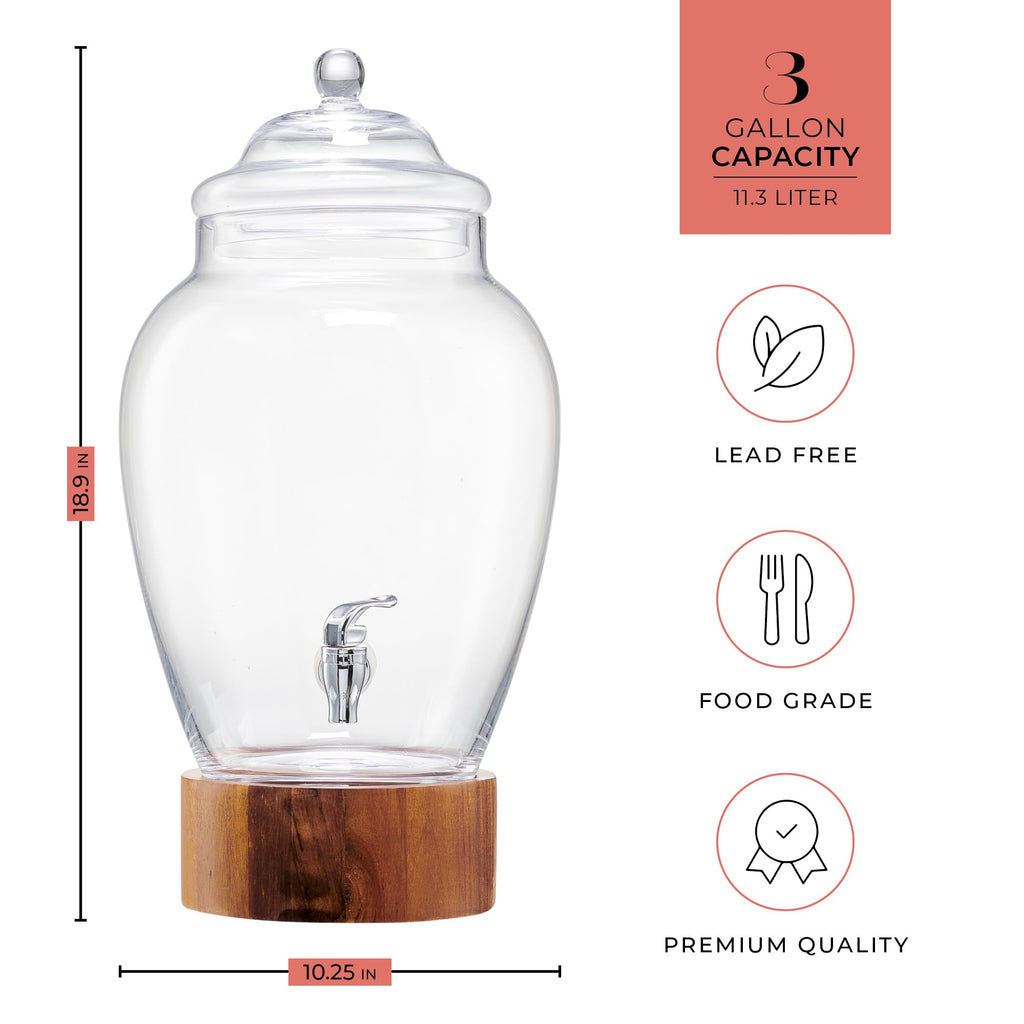 Glass Beverage Dispenser with Wood Base, 3 Gallon W99769