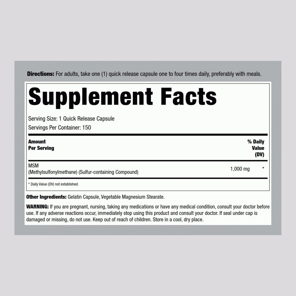 MSM Supplement 1000mg 150 Powder Capsules N91796