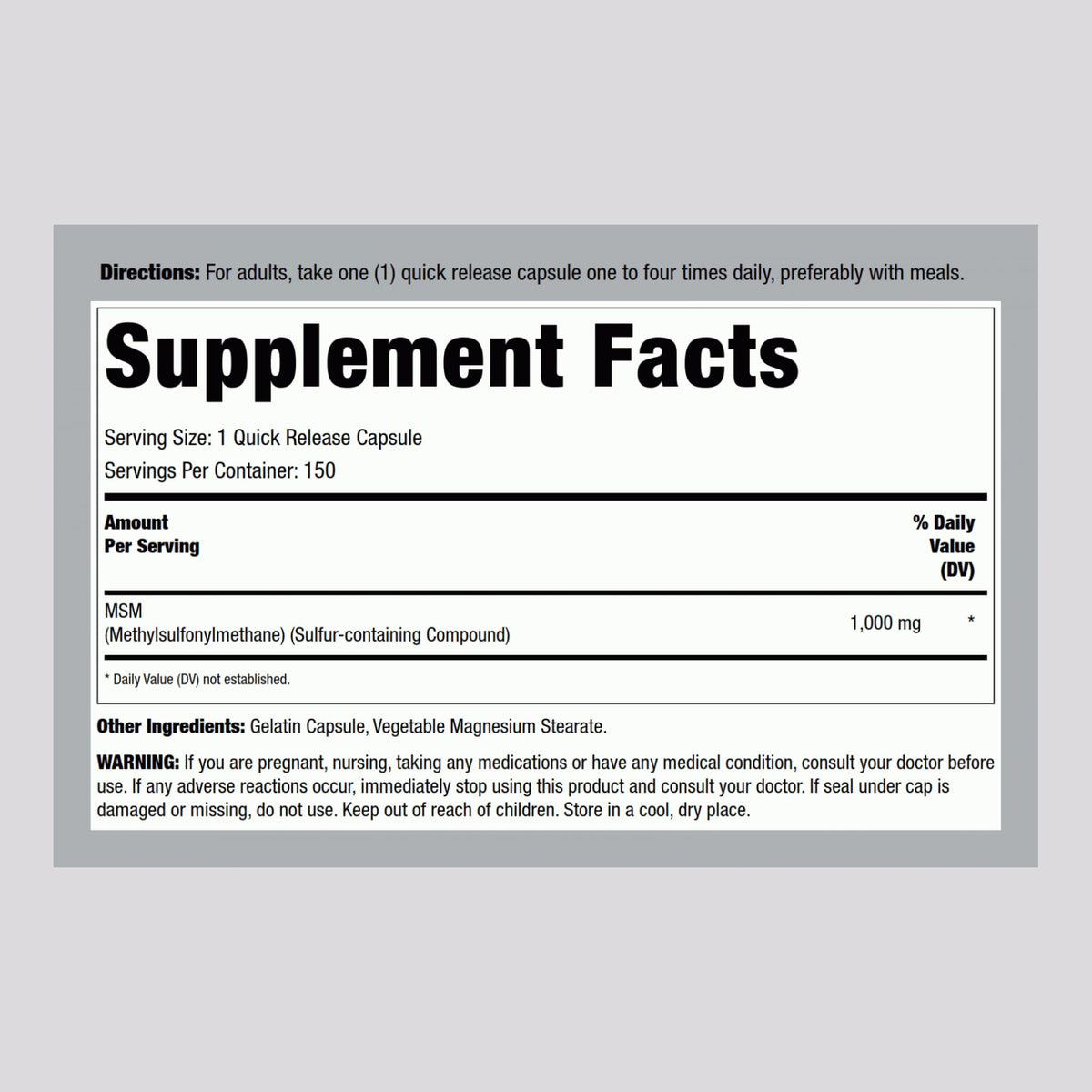 MSM Supplement 1000mg 150 Powder Capsules N91796