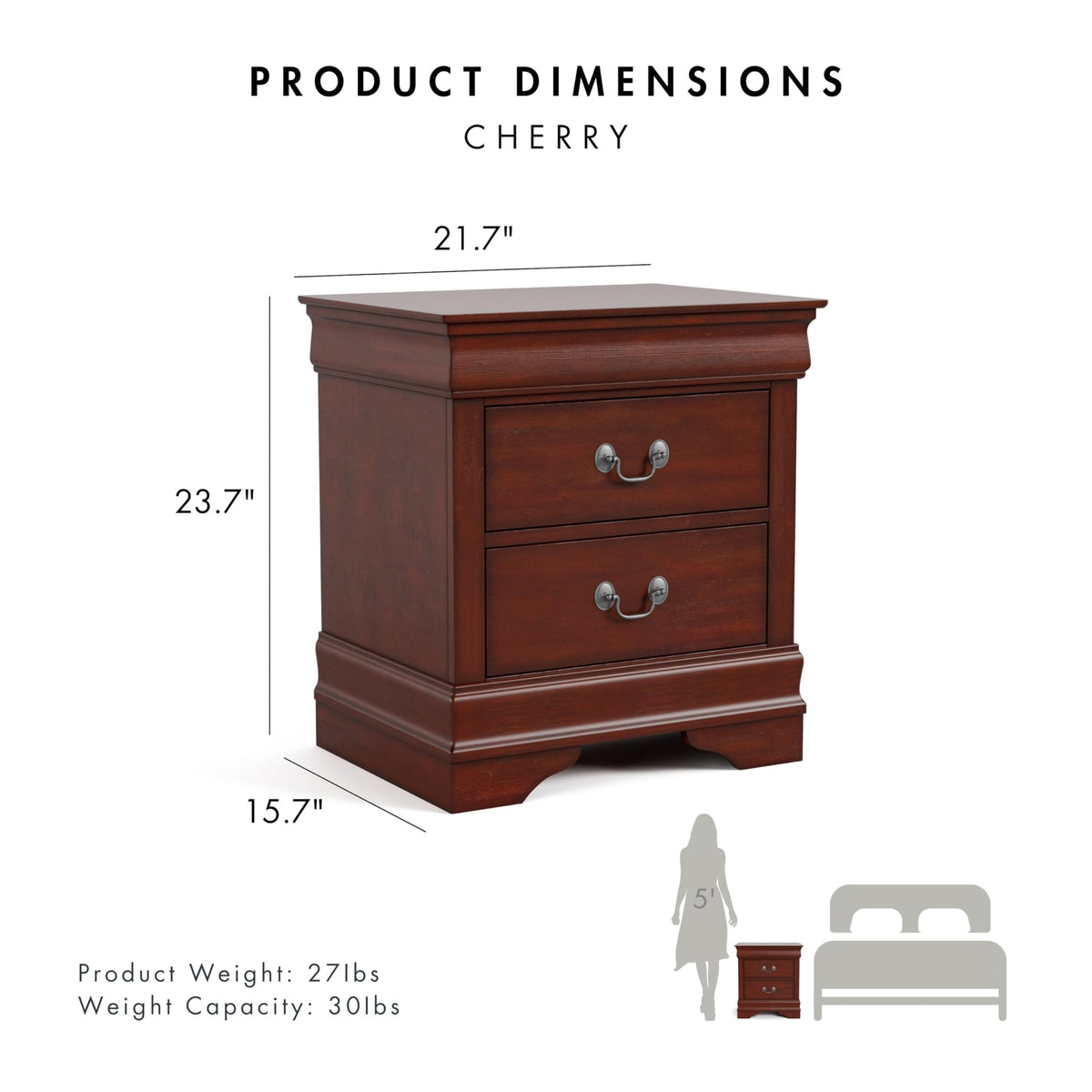 Solid Wood Nightstand with Drawers and Antique Nickle Handles B4738