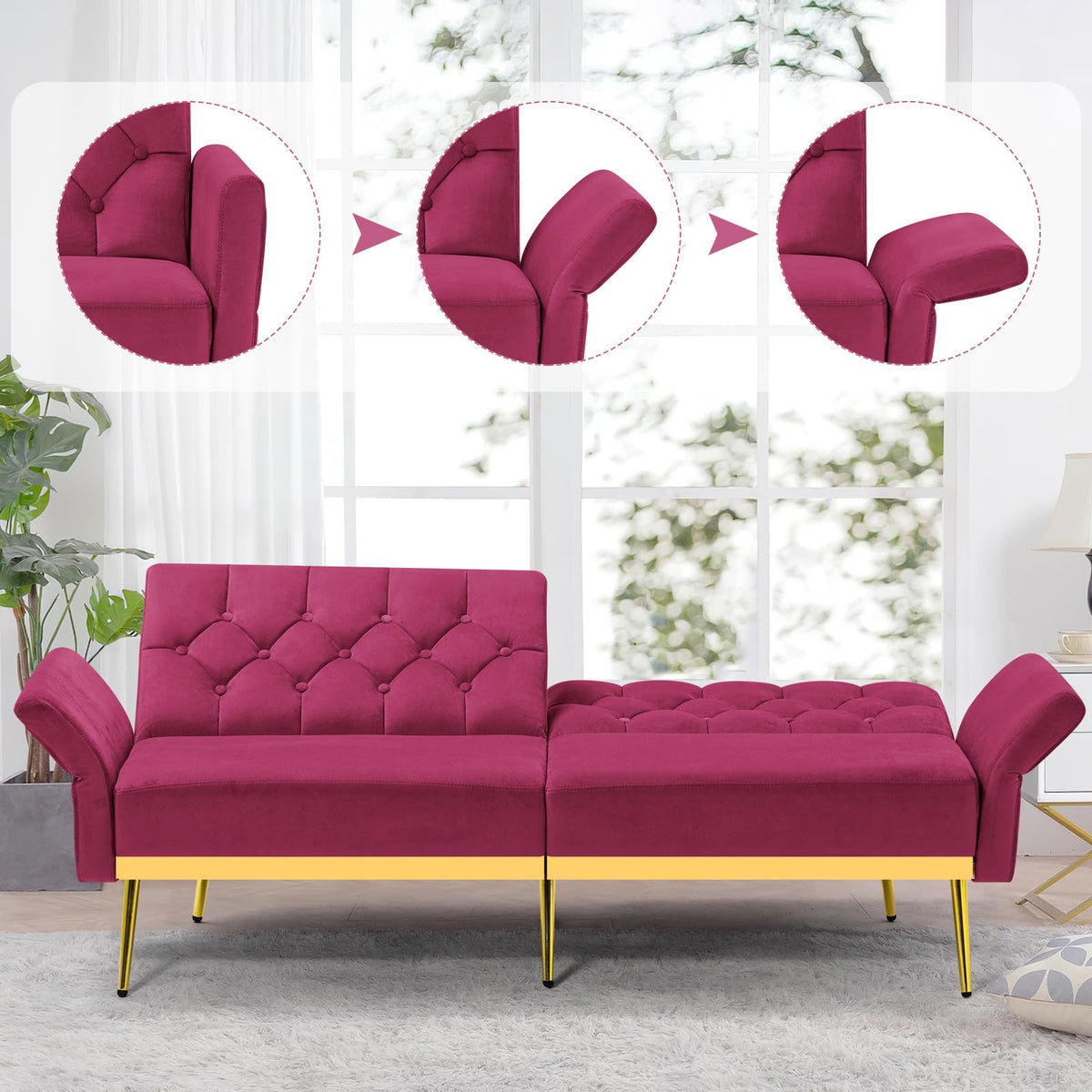 Velvet Sofa Bed with Adjustable Armrests & Backrests R448