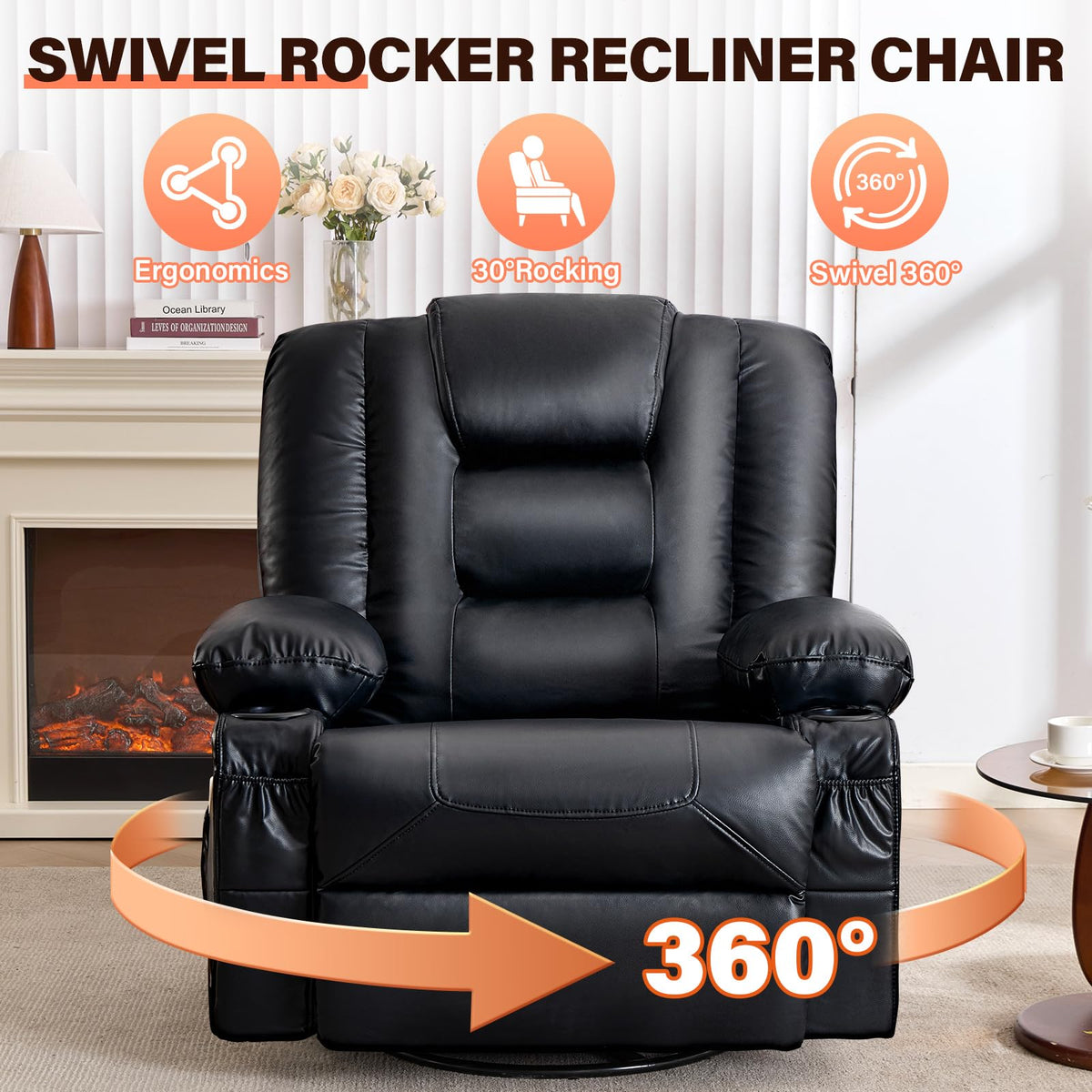 Massage Swivel Recliner Chair with Heat and Cup Holders E16444