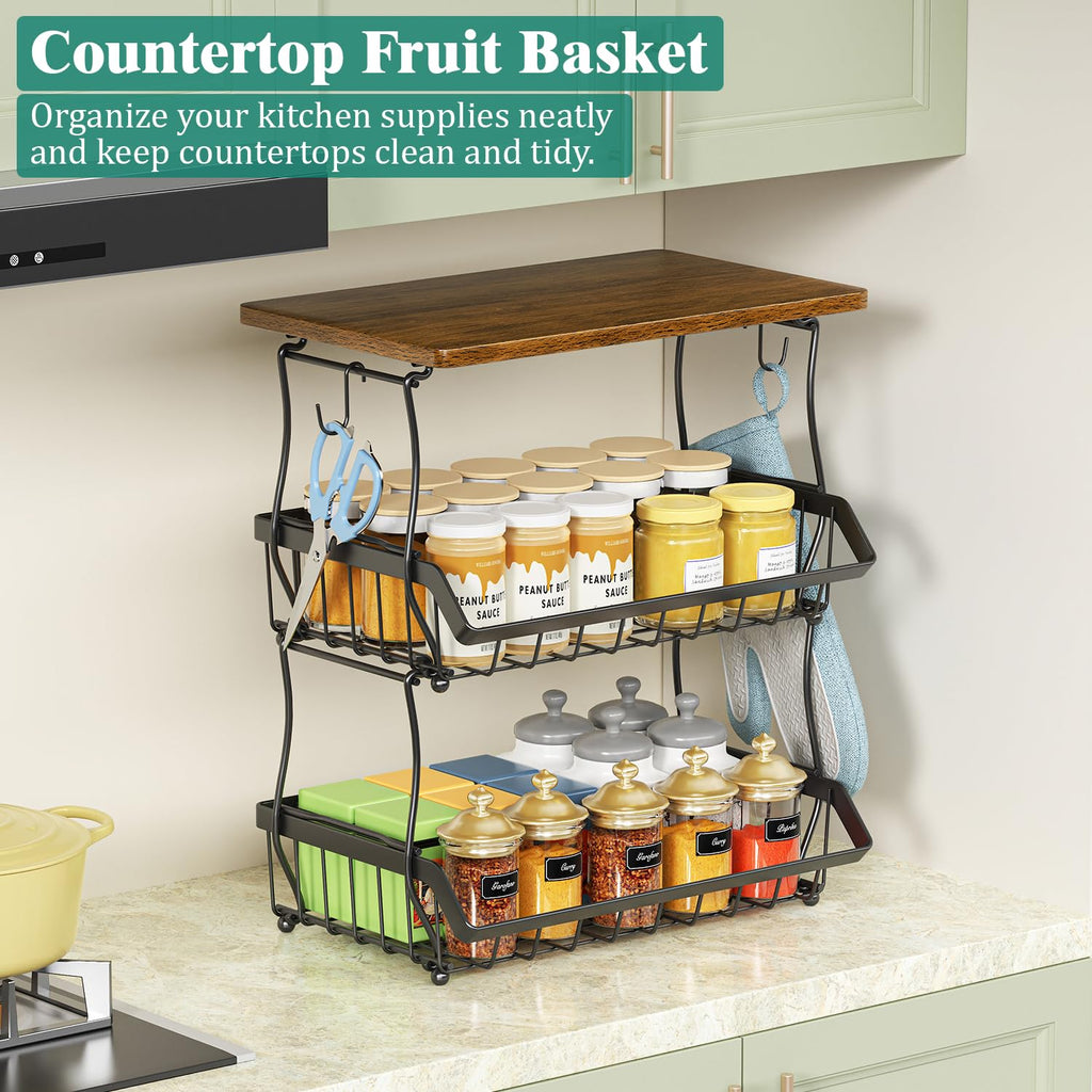 3 Tier Countertop Fruit Basket Bread Bowl with 2 Banana Hangers W489353