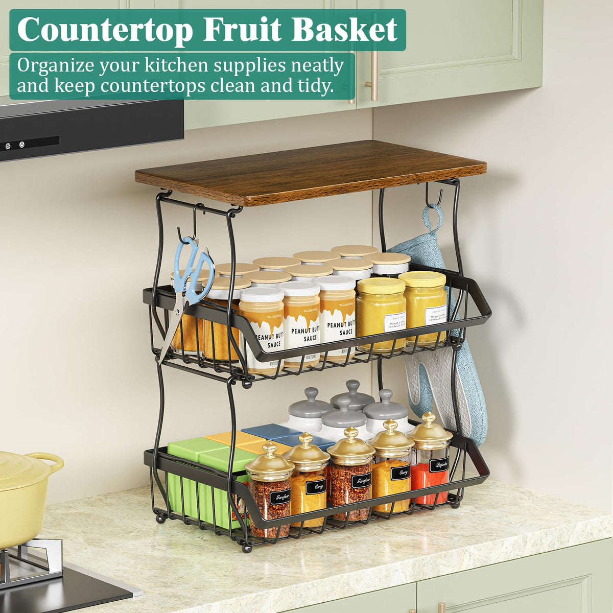 3 Tier Countertop Fruit Basket Bread Bowl with 2 Banana Hangers W489353