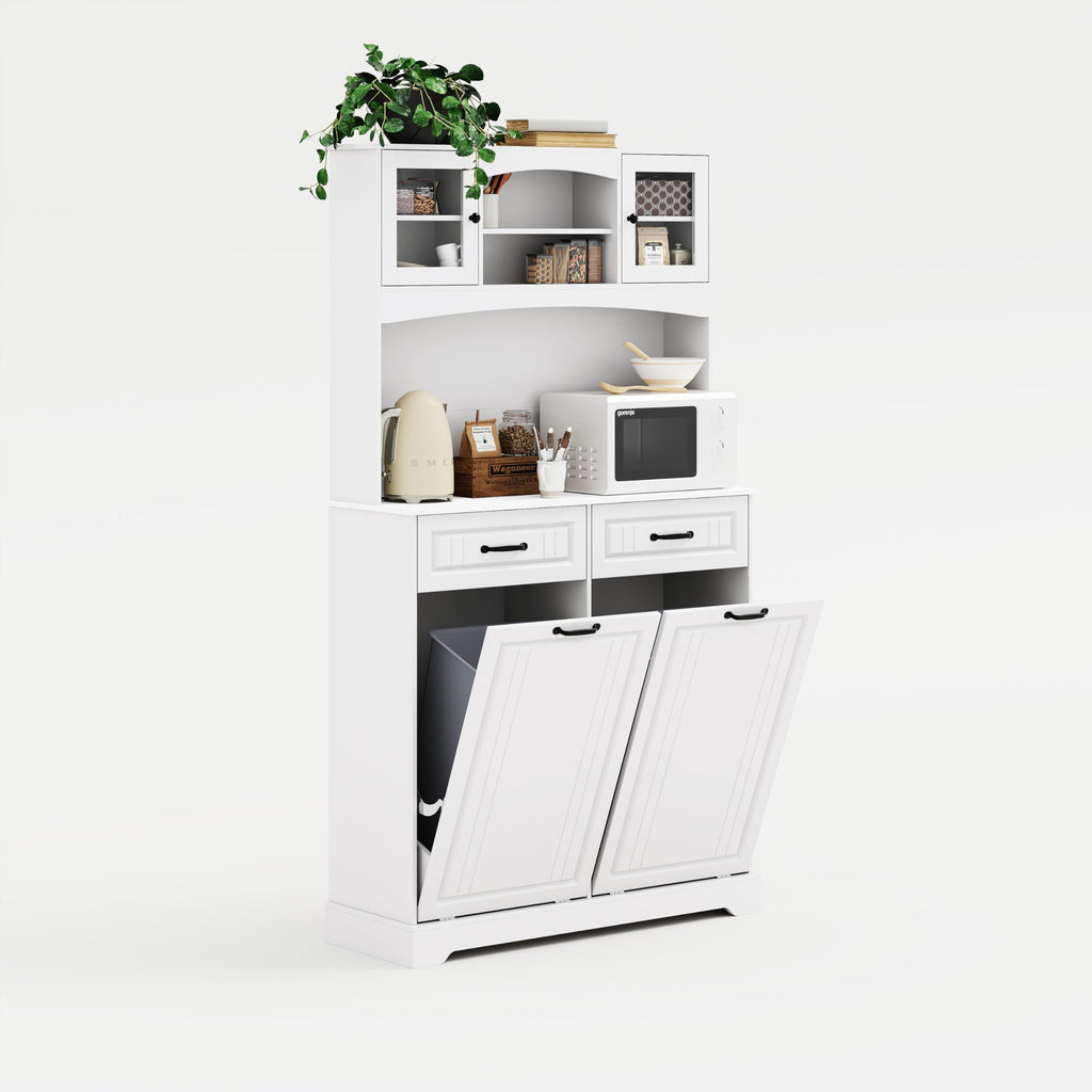 13 Gallons Double Tilt Out Trash Can Cabinet with Power Outlet, 71" Tall Kitchen Pantry Storage Cabinet, White S71058