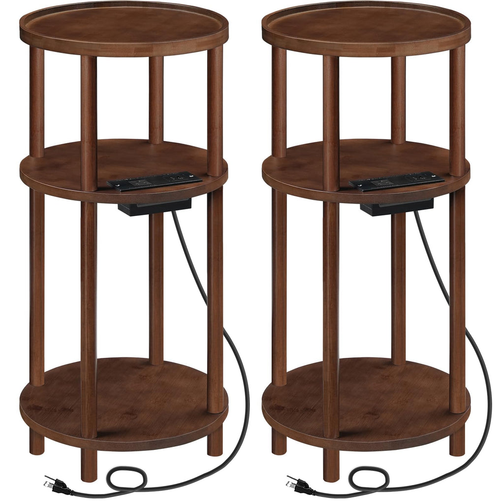 Set of 2 Round Bamboo Side Tables with Charging Station F50313