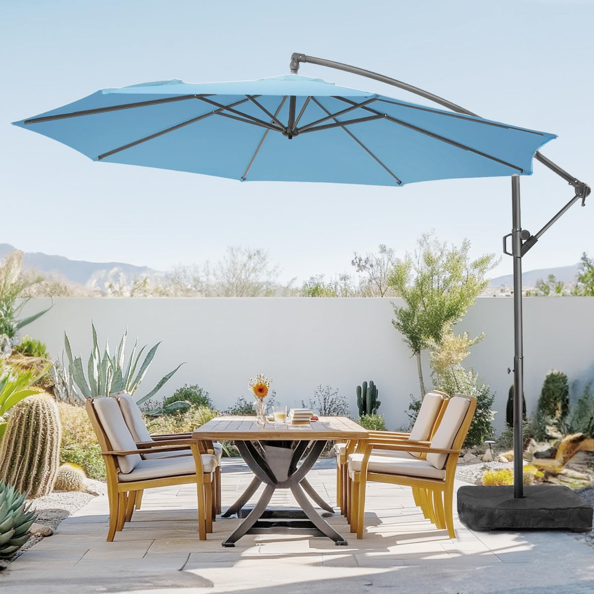 10ft Blue Offset Cantilever Patio Umbrella with Base M2799
