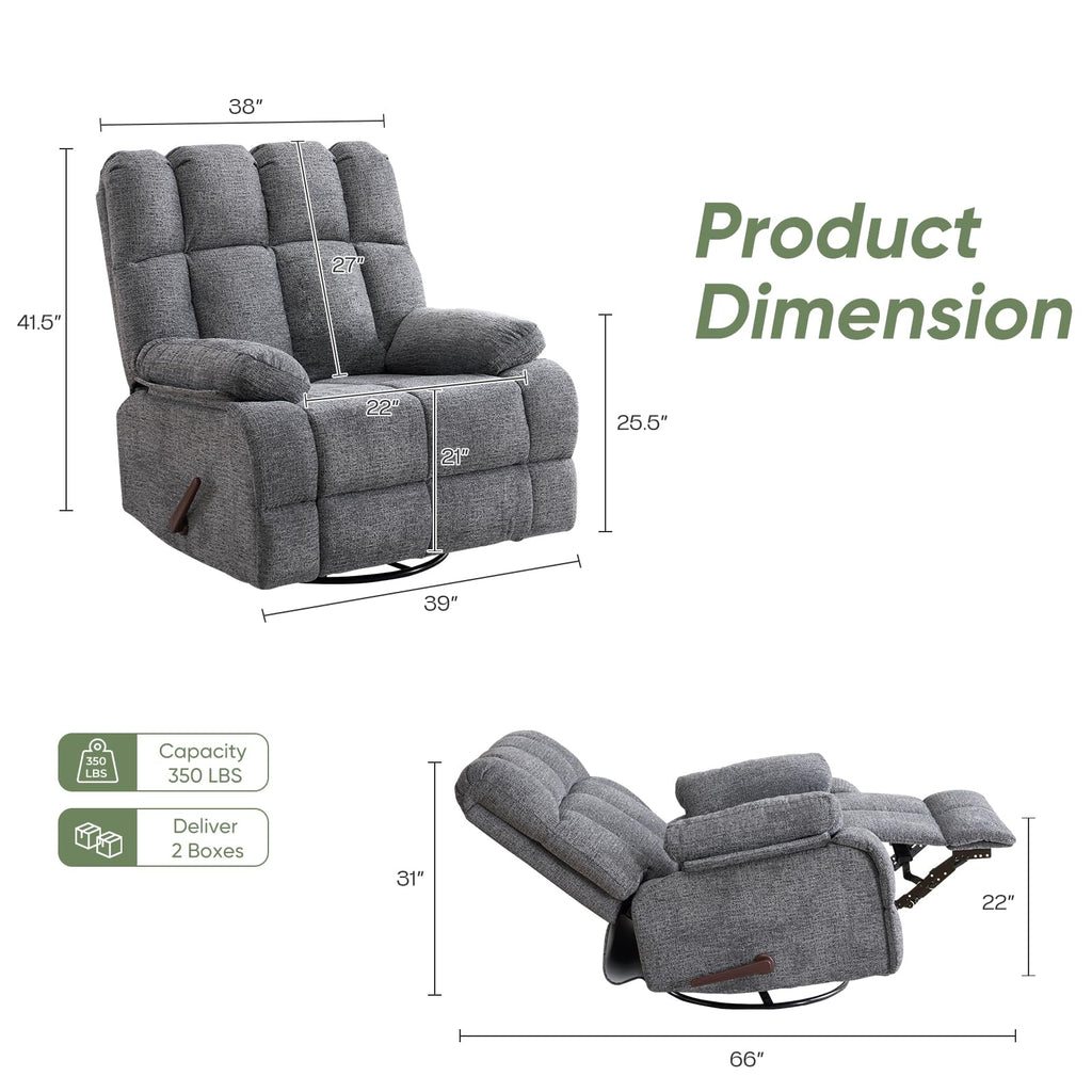 Oversized Chenille Grey Swivel Rocker Recliner O872