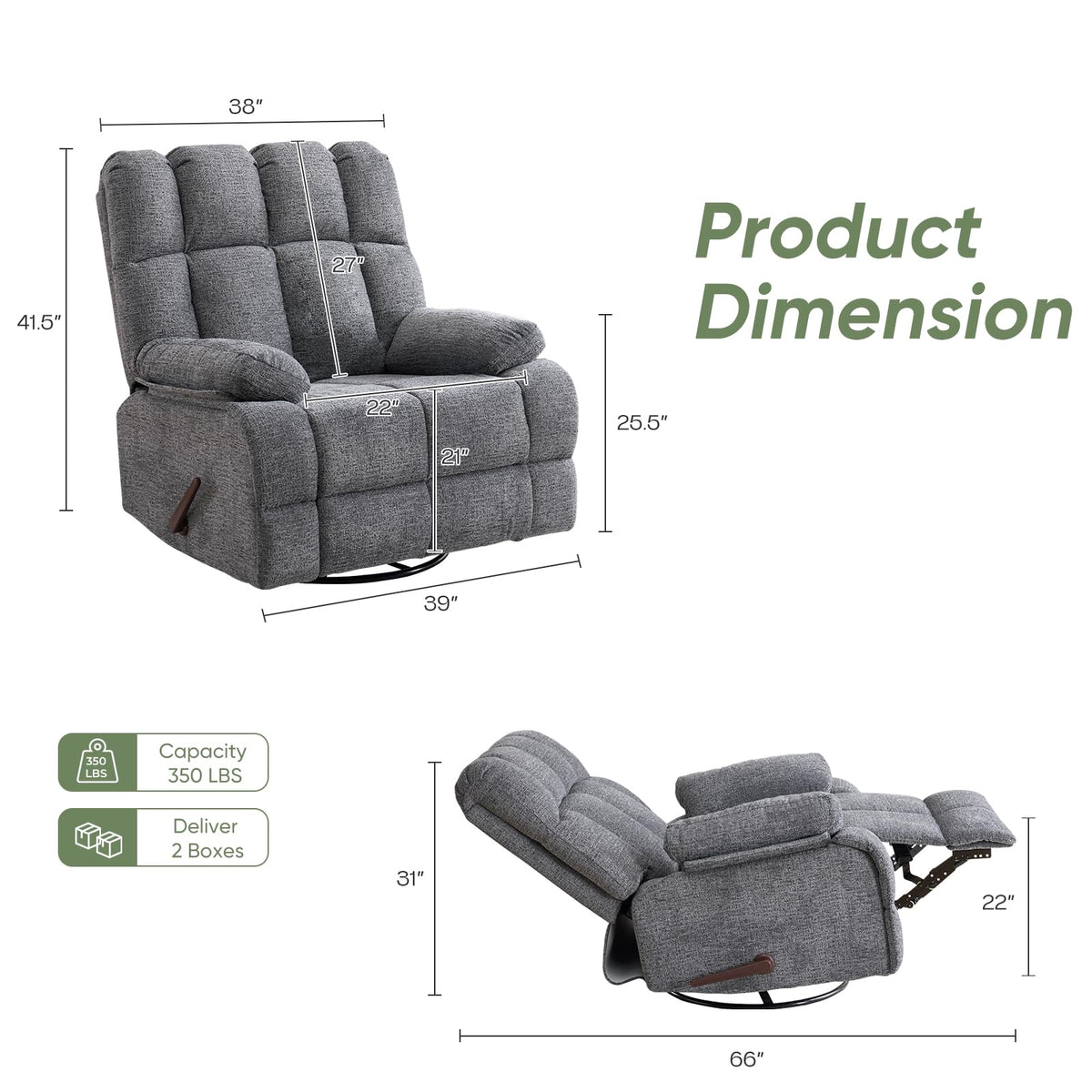 Oversized Chenille Grey Swivel Rocker Recliner O872