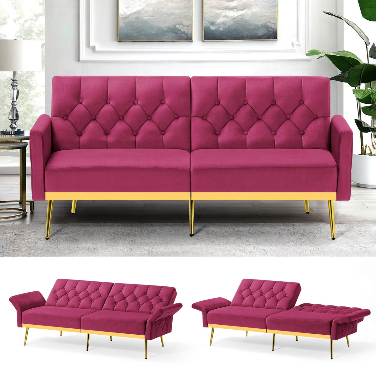 Velvet Sofa Bed with Adjustable Armrests & Backrests R448