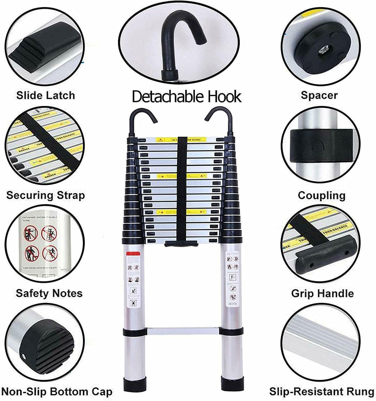20FT Aluminum Telescoping Ladder with 2 Detachable Hooks, 330 lb Capacity E119055