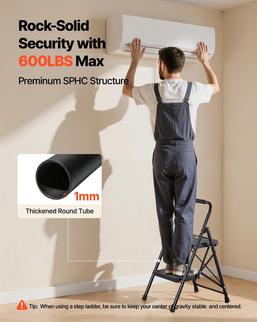 2 Step Folding Steel Ladder 600 lbs Capacity Black E8813