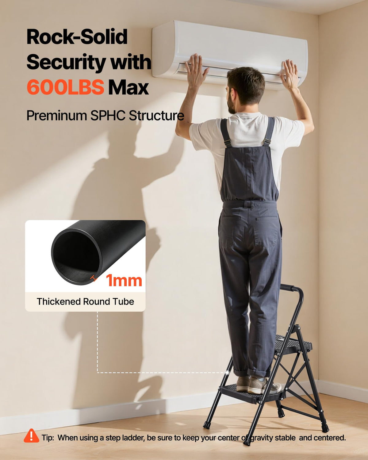2 Step Folding Steel Ladder 600 lbs Capacity Black E8813