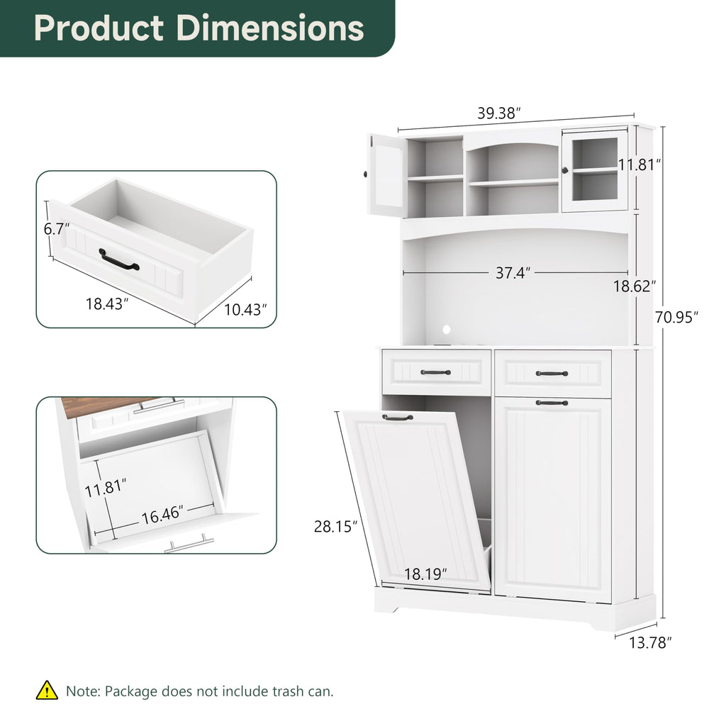 13 Gallons Double Tilt Out Trash Can Cabinet with Power Outlet, 71" Tall Kitchen Pantry Storage Cabinet, White S71058