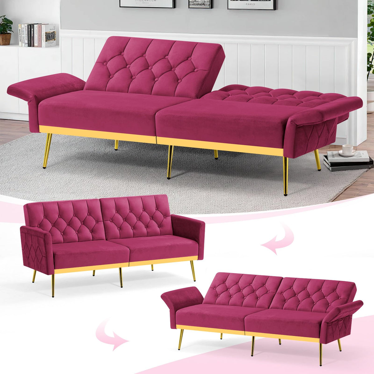 Velvet Sofa Bed with Adjustable Armrests & Backrests R448