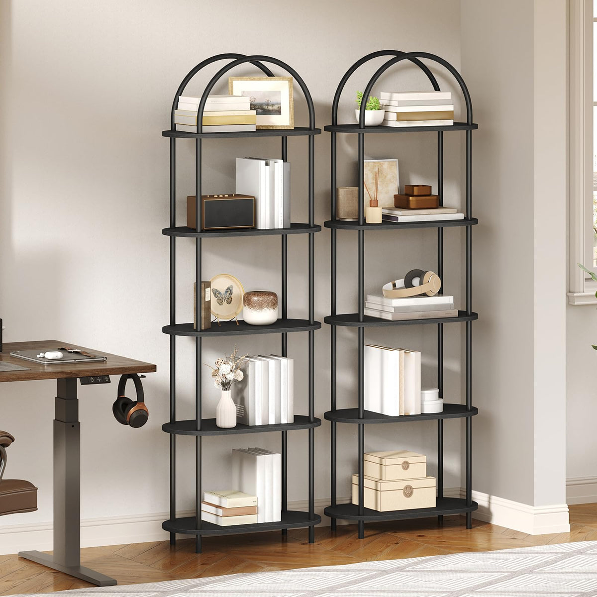 5 Tier Arched Wooden Bookshelf Metal Frame V223376
