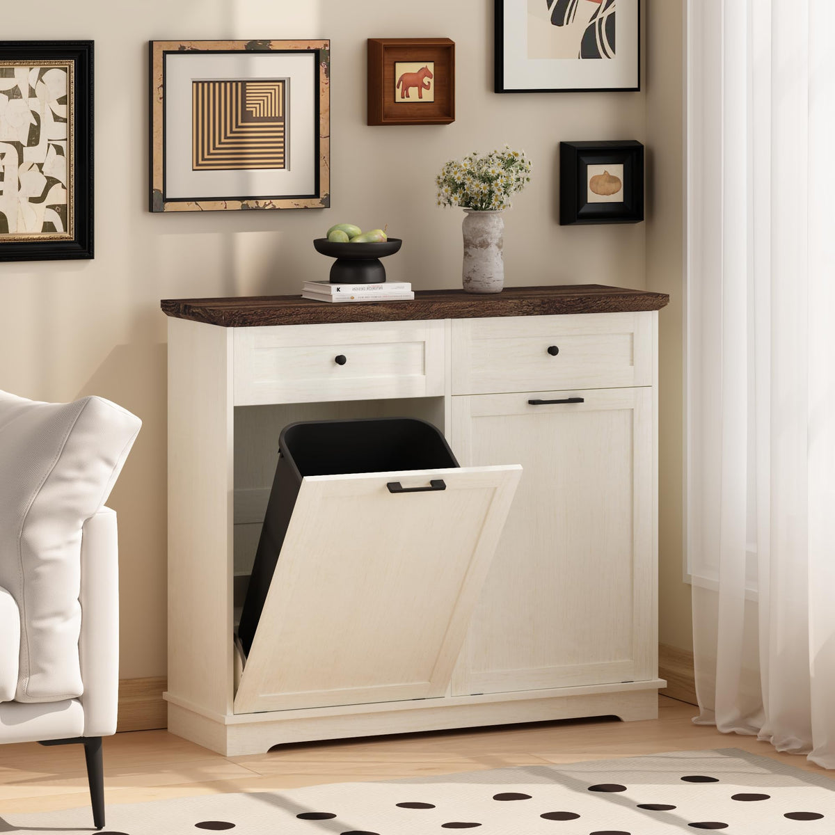 20 Gallon Wooden Tilt Out Trash Can Cabinet with Drawers G650041