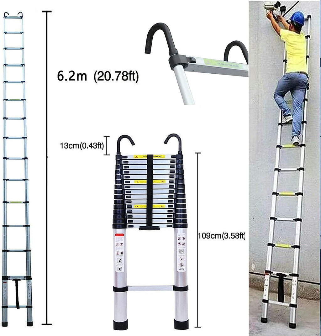 20FT Aluminum Telescoping Ladder with 2 Detachable Hooks, 330 lb Capacity E119055