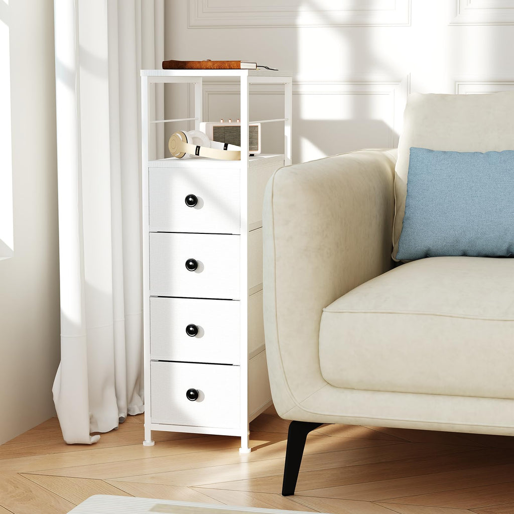 White Narrow Dresser with 4 Fabric Drawers F440870