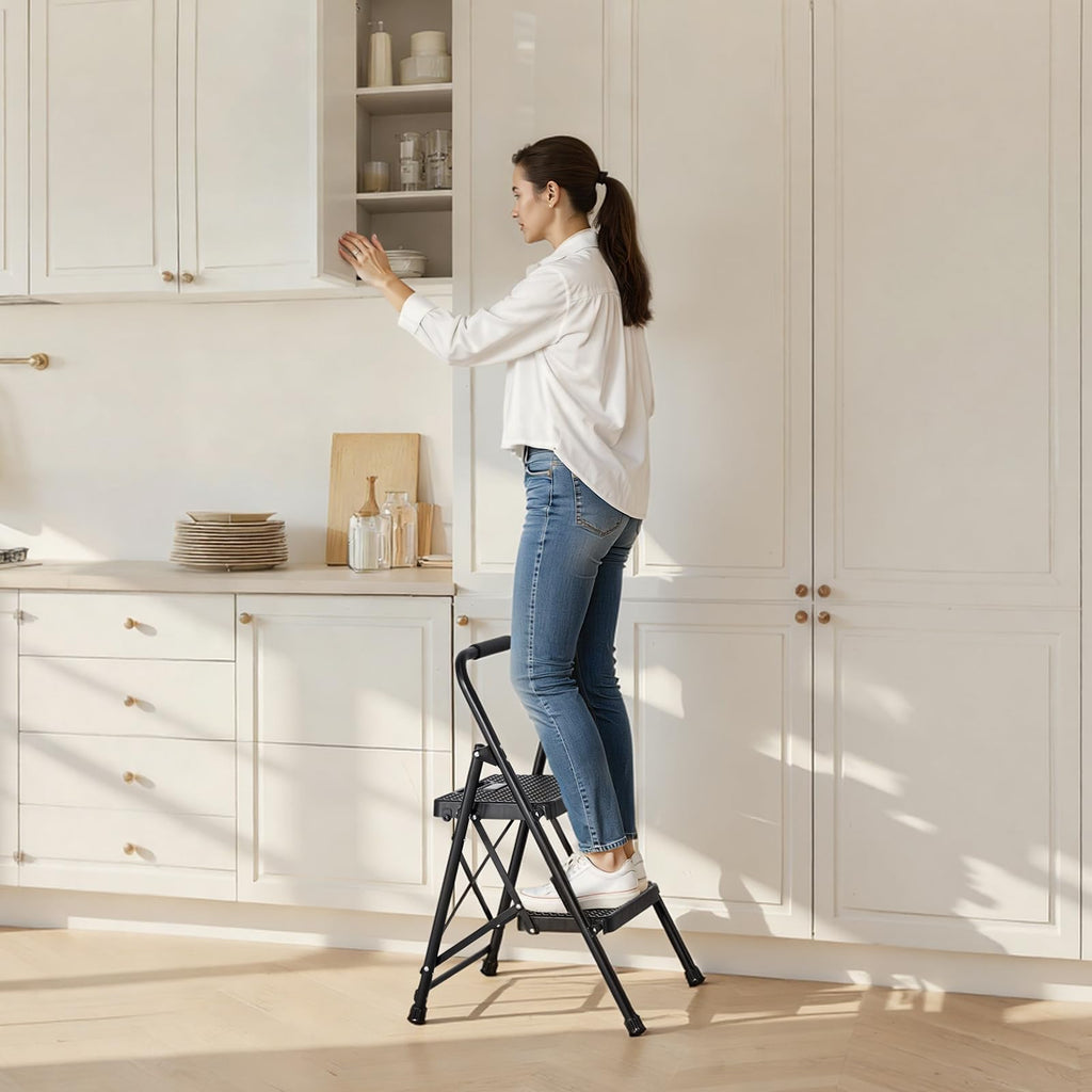 2 Step Folding Steel Ladder 600 lbs Capacity Black E8813