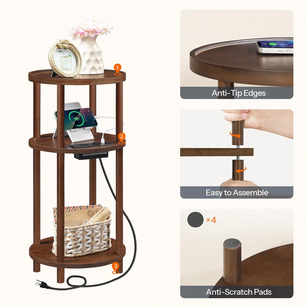 Set of 2 Round Bamboo Side Tables with Charging Station F50313